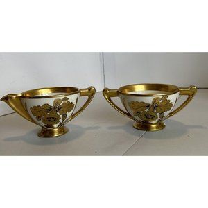 Antique Stouffer Open sugar creamer heavy Gold hand painted signed Art Nouveau